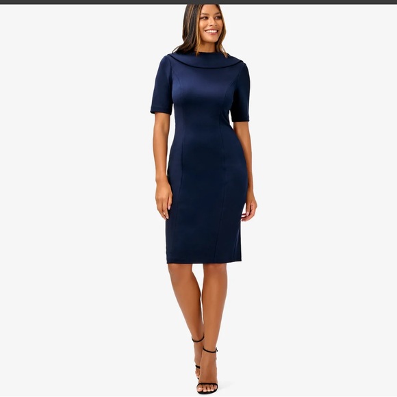 Adrianna Papell Dresses Adrianna Papell Navy Crepe Roll Neck With